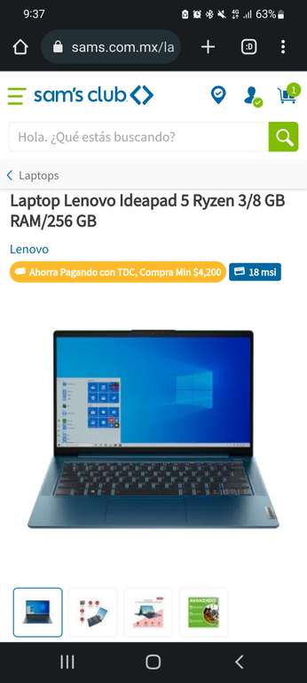 Sam's Laptop Lenovo Ideapad 5 Ryzen 3/8 GB RAM/256 GB y bbva TDC