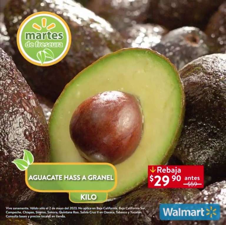 Walmart: Martes de Frescura 2 Mayo: Piña $9.90 kg • Aguacate $29.90 kg • Todas las Manzanas a Granel ó Pera de Anjou $34.90 kg