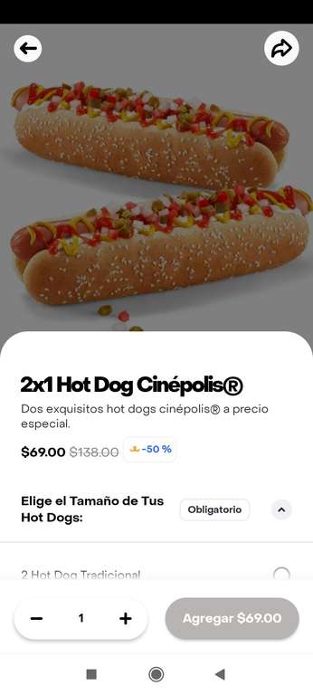 Rappi Prime: Cinépolis 2 Hot Dogs por 69$ (+ tarifa de servicio)