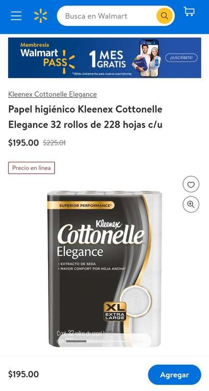 Walmart: Papel paca Cottonelle Elegance paquete de 32 rollos de 228 hojas