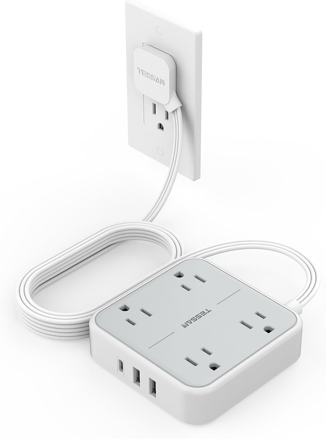 Amazon: TESSAN Regleta Multicontacto con 900J Supresor de Picos, 1.5M, Gris Extension Electrica Plana, 4 Salidas y 3 USB (1 USB C)