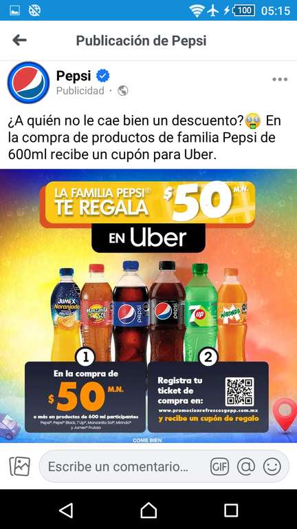 Pepsi: Recibe cupón de $50 para Uber en la compra de $50 o más en productos participantes de 600 mL (centros comerciales seleccionados)