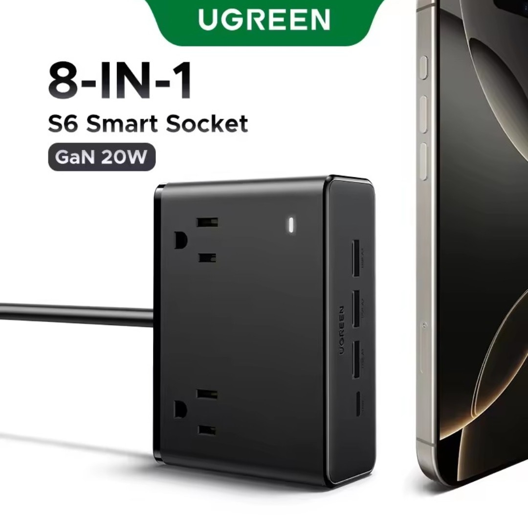 Aliexpress: UGREEN 8 en 1 regleta multicontacto 4 salidas de CA 3 USB-A 1 USB-C 1875W 15A 125V Protector contra sobretensiones