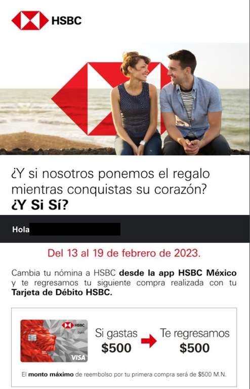 Reembolso de $500 al cambiar nómina a HSBC