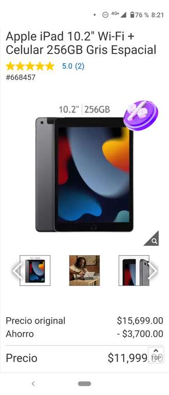 Costco Apple iPad 10.2" Wi-Fi + Celular 256GB Gris Espacial