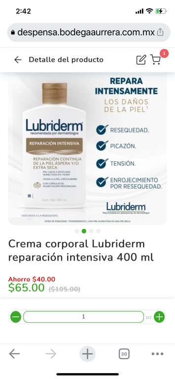 Despensa Aurrera: Crema corporal Lubriderm reparación intensiva con ahorro de $40 pesitos.