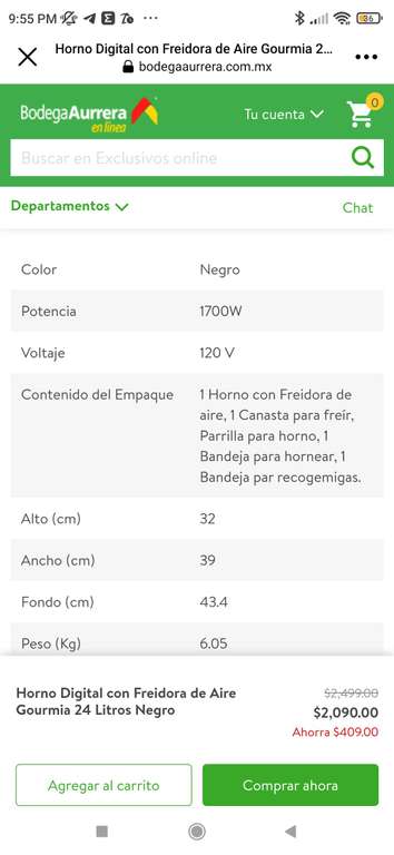 Bodega Aurrera: Horno Digital con Freidora de Aire Gourmia 24 Litros Negro