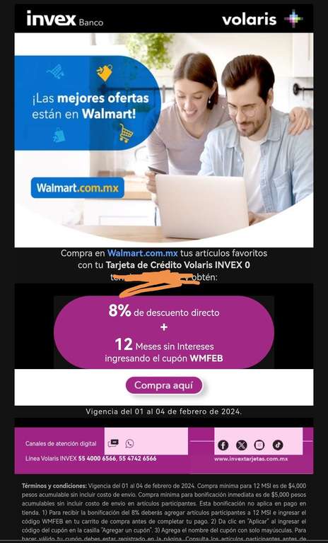 Walmart e Invex: 8% de descuento directo + 12 MSI con Invex en Walmart. ($5000 mínimo)