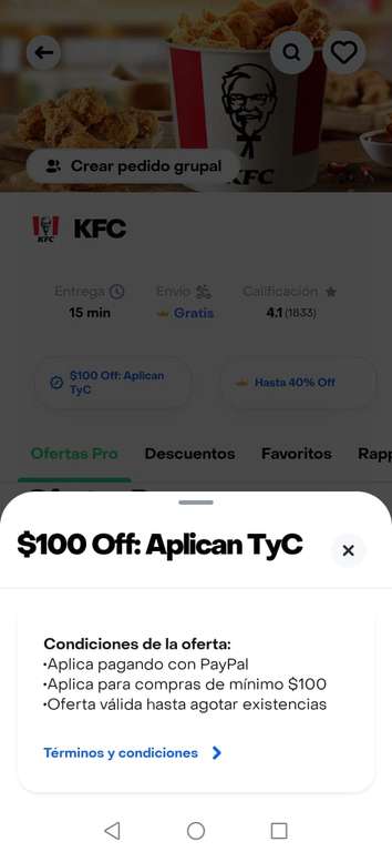 Rappi Pro: KFC Paquete Clásico 10 piezas pagando con Paypal