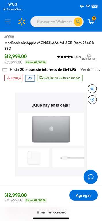 Walmart: MacBook Air M1 256GB, 8GB DE RAM + cashback pagando con cashi