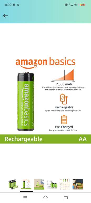 Amazon: 8 Baterías recargables precargadas Amazon Basics