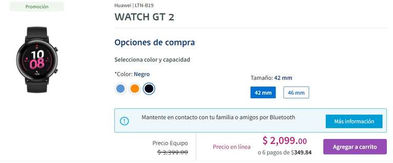 Telcel: Huawei Watch GT2 (Smartwatch 42mm) 2,099.00
