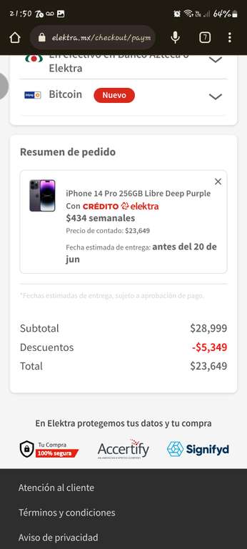 Elektra: iPhone 14 Pro 256GB Libre Deep Purple | Precio pagando con PayPal + BBVA