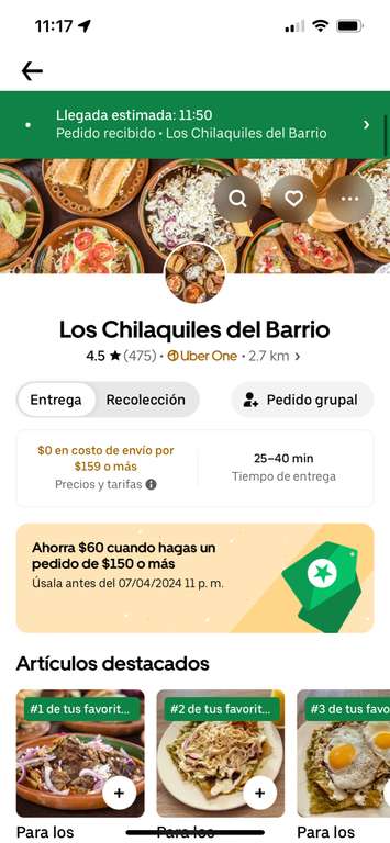 Uber Eats: Los chilaquiles del barrio - Chilaquiles de costilla de 164 a 54 pejecoins CDMX