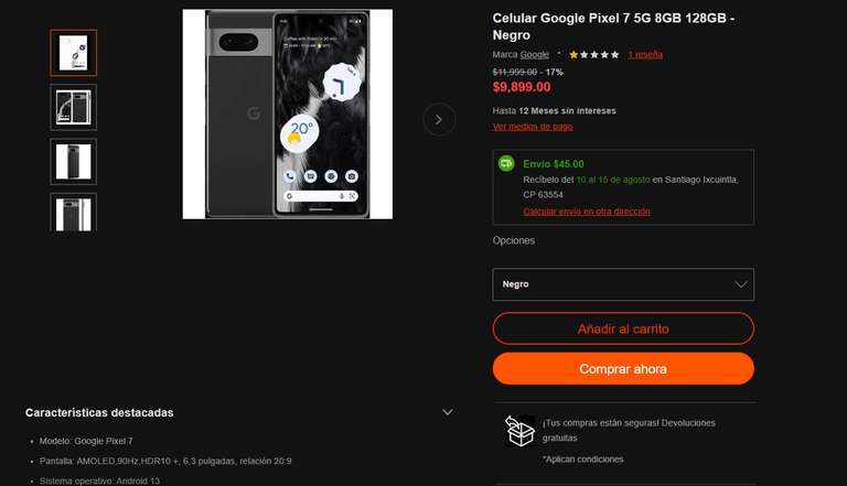 Linio: Celular Google Pixel 7 5G 8GB 128GB - Negro con Pay Pal