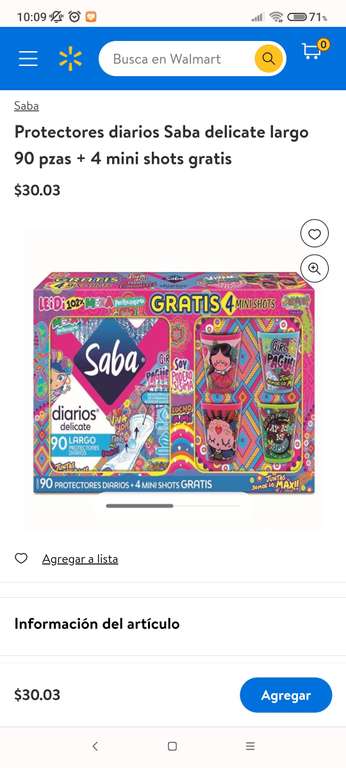 Walmart: Protectores diarios Saba delicate largo 90 pzas + 4 mini shots gratis