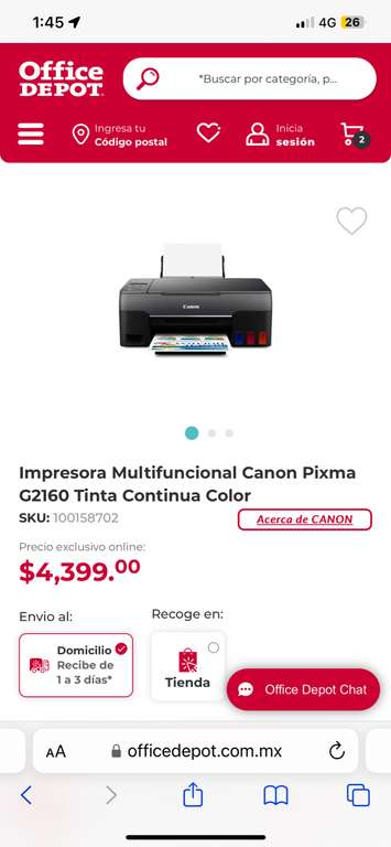 Office Depot: Impresora Multifuncional Canon Pixma G2160 Tinta Continua + caja de papel