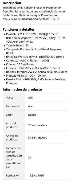 Amazon al contado: Acer Monitor Nitro VG1 VG271 Sbmiipx 27 Pulgadas, 1920 x 1080 Pixeles, Respuesta 1 ms, 165 Hz, Panel IPS, AMD FreeSync