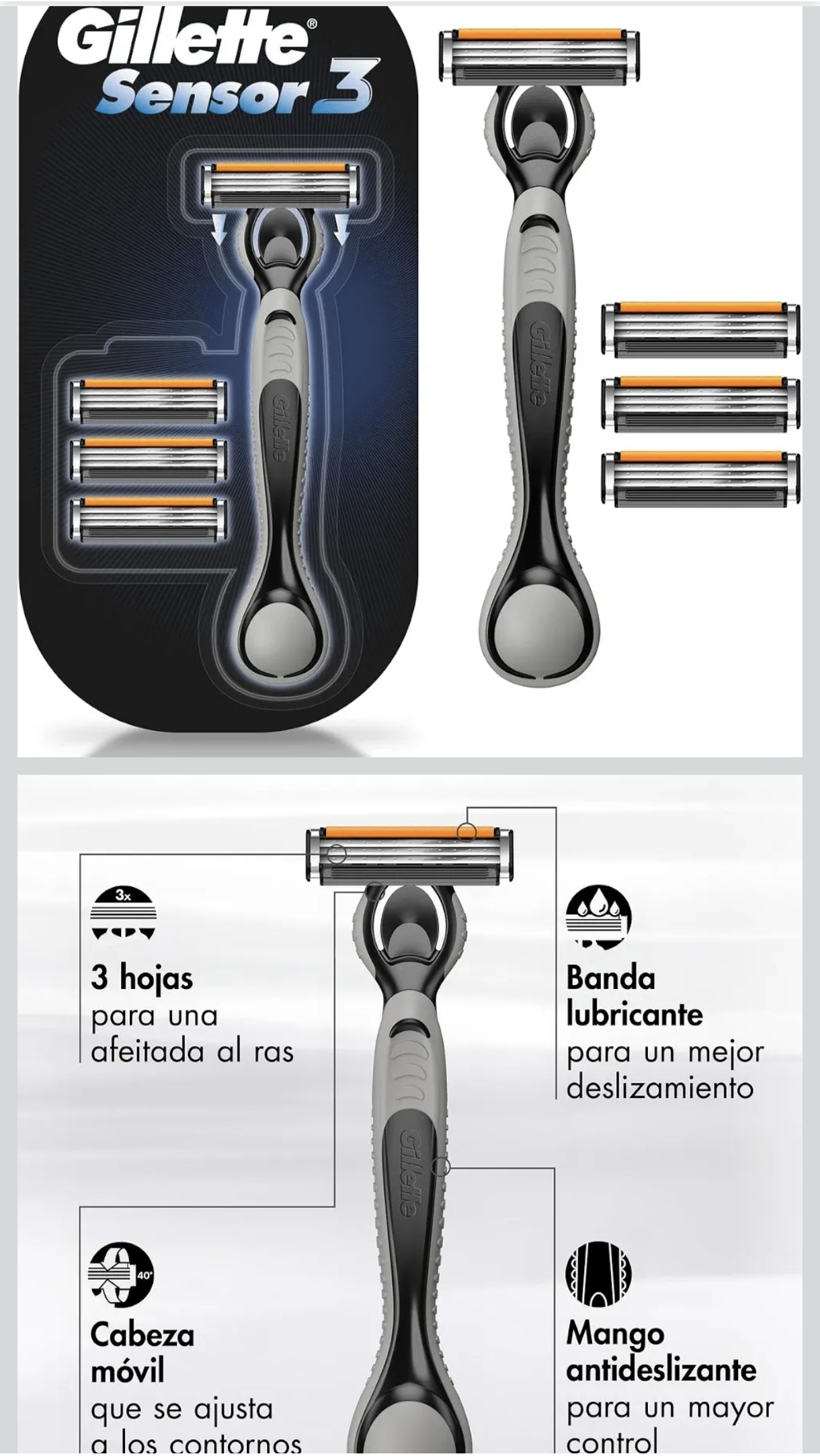Amazon: GILLETTE Sensor3, Rastrillo para Afeitar Reutilizable, 1 Mango + 4 Cartuchos con 3 Hojas para la Barba, Rasurada al Ras,para Hombre
