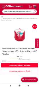 Office Depot: Mouse Inalámbrico Spectra IA20966B / Nano receptor USB / Rojo con blanco / PC / Laptop