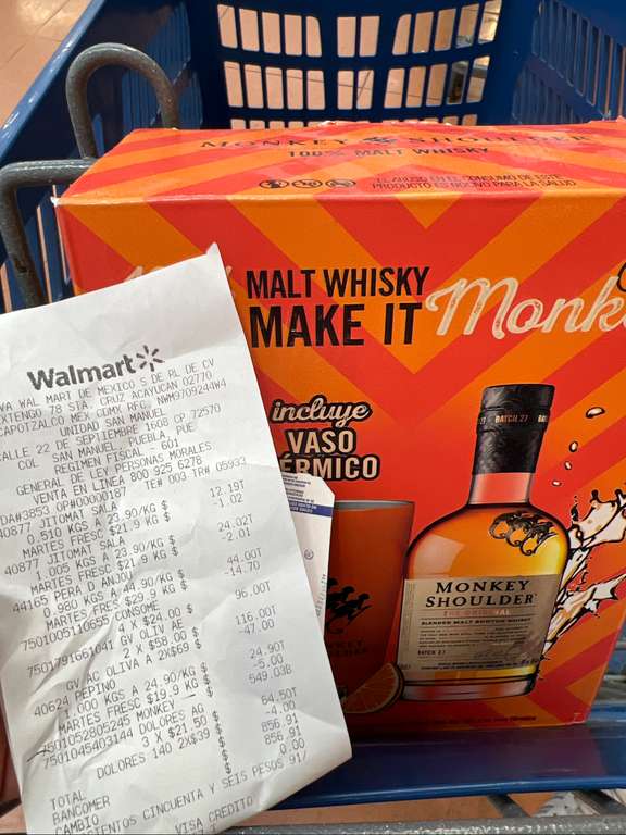 Walmart: Whisky monkey shoulder + vaso térmico