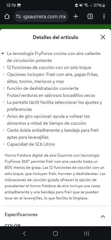 Bodega Aurrera: Horno Freidora de Aire Gourmia Digital 12.6 Litros $1,490.00