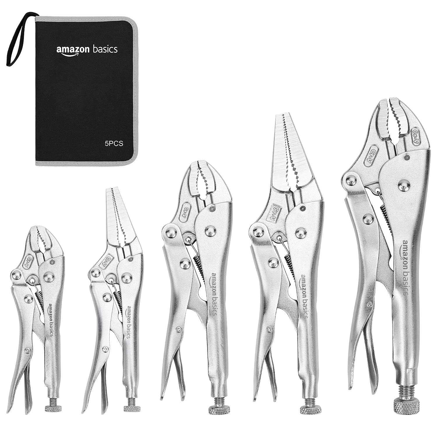 Amazon Basics Juego de 5 pinzas cortadoras de alambre y de sujeción CR-V con estuche , 2 rectas, 3 curvadas, 16.5 a 25.4 cm, plateado