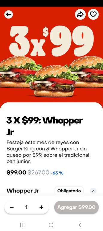 Rappi: Burger King, 3 Whopper Jr sin queso por $99, sobre el tradicional pan junior