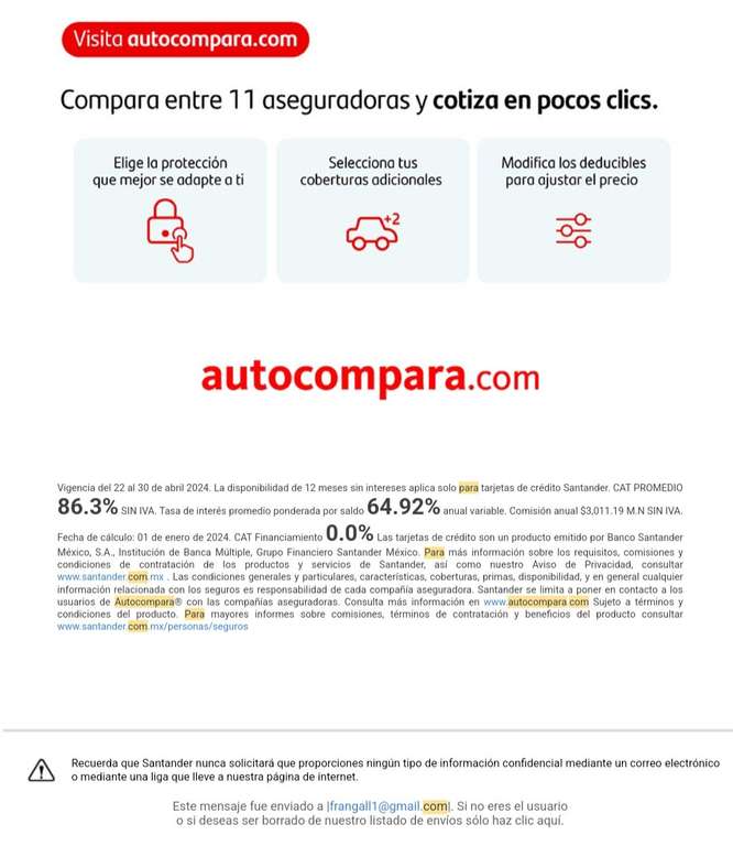 Auto Compara: Seguro para auto o moto con descuento de 20% + 10% en Autocompara Santander y MSI con algunas tarjetas