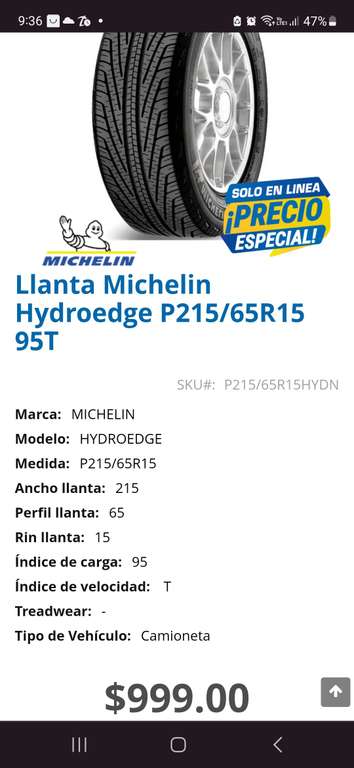 Grupo Avante: Llanta Michelin 215/65R15 HydroEdge en precio de liquidación