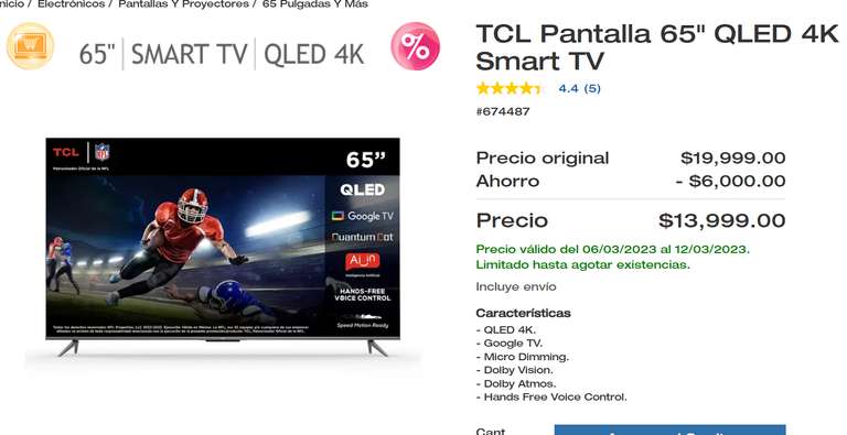 Costco: TCL Pantalla 65" QLED 4K Smart TV serie T554