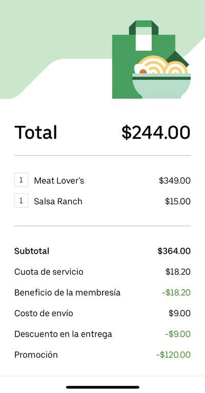 Uber Eats [Con Uber One]: 120 pesos de descuento en $350 de compra en Pizza Hut