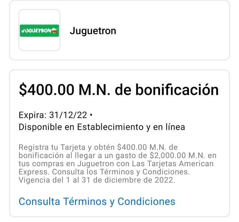 American Express: Bonificación de $400 al gastar $2,000 en Juguetron