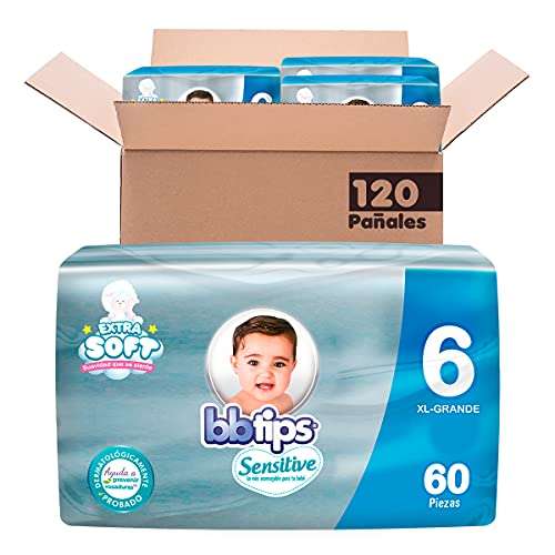 Amazon: Bbtips Pañal Bebé Sensitive Talla 6 Xl-Grande 120 Piezas ($422 con planea y ahorra)