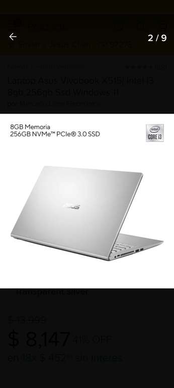 Mercado Libre: Laptop Asus Vivobook X515j Intel I3 8gb 256gb SSD Windows 11