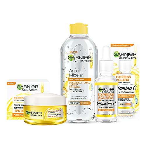 Amazon: KIT GarnierExpress Aclara Serum + Crema + Agua micelar con Vitamina C | envío gratis con prime