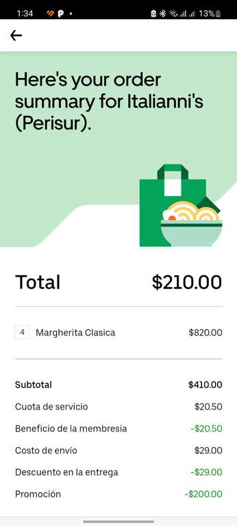 Uber Eats: Italianni's 4 pizzas margherita por 210 pesos (UberOne) | Pizza margherita al 2x1 mas cupon de $200