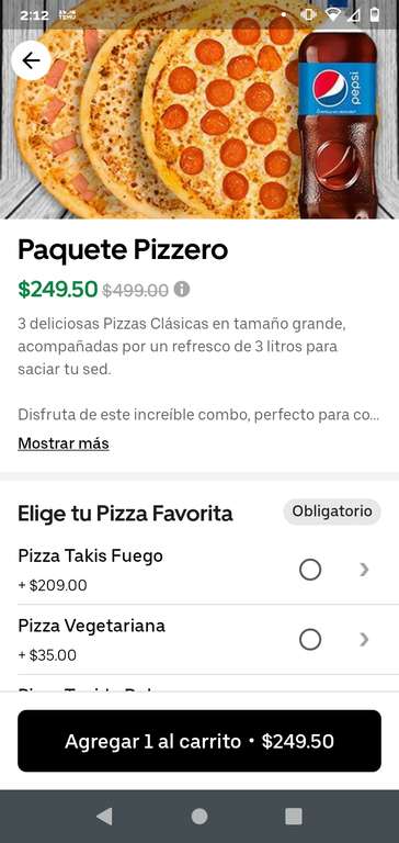 Uber Eats: 3 pizzas grandes más refresco de 3 litros por $249.50 - Pizza Maestra Ciudad Jardín | Miembros One