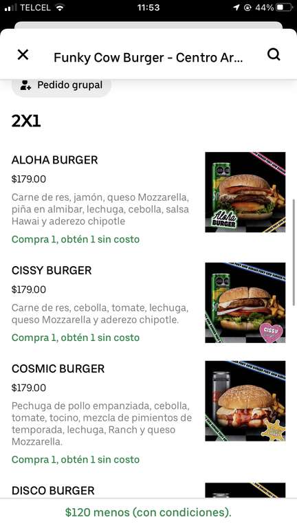Uber Eats (One): 2 hamburguesas, 2 papas y 2 refrescos por 59 pesitos en Funky Cow Burger (Centro Armand)