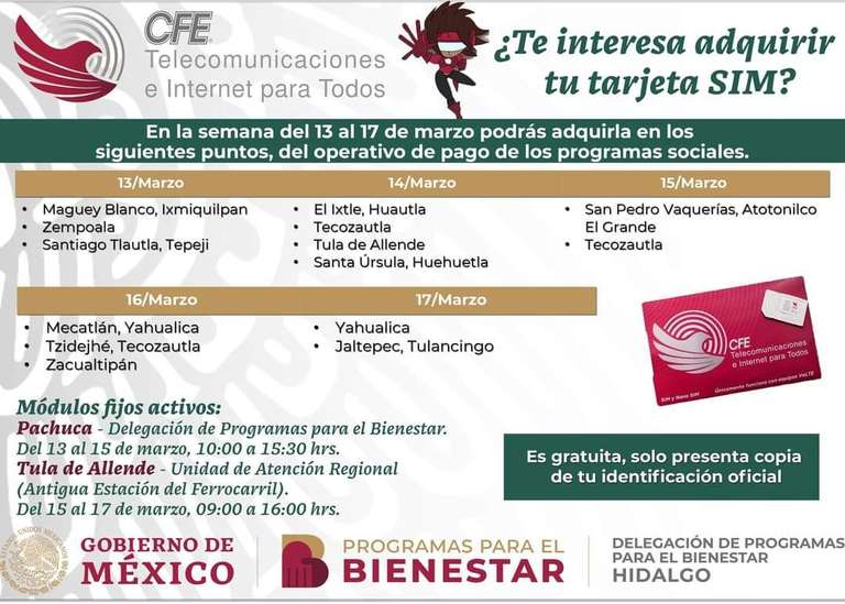 Tarjeta sim Gratis CFE para el estado de Hidalgo