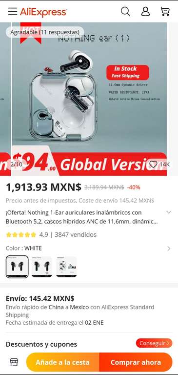 AliExpress: Audífonos NOTHING EAR 1 (auriculares inalámbricos)