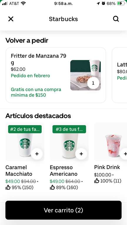 Nuevamente Starbucks Uber eats, 2 cafes + pan de manzana por $98