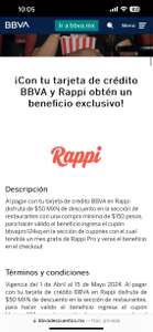 Rappi x bbva: 50 pesos de descuento (compra mín $150) y rappi pro gratis por un mes