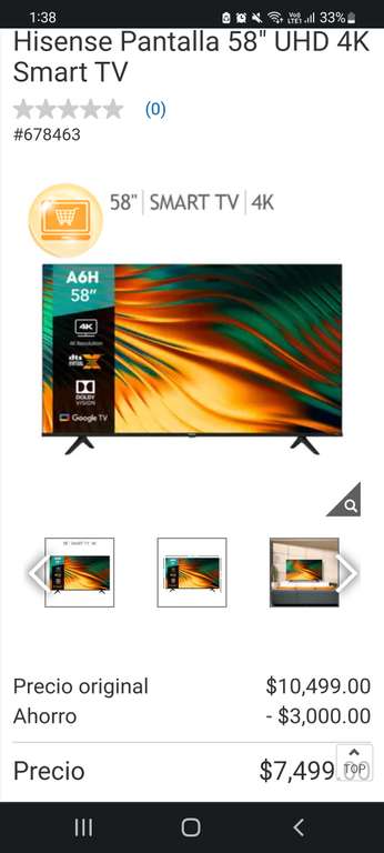 Costco: Hisense Pantalla 58" UHD 4K Smart TV y cupon paypal