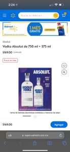 Vodka Absolut de 750 ml + 375 ml. Súper Walmart