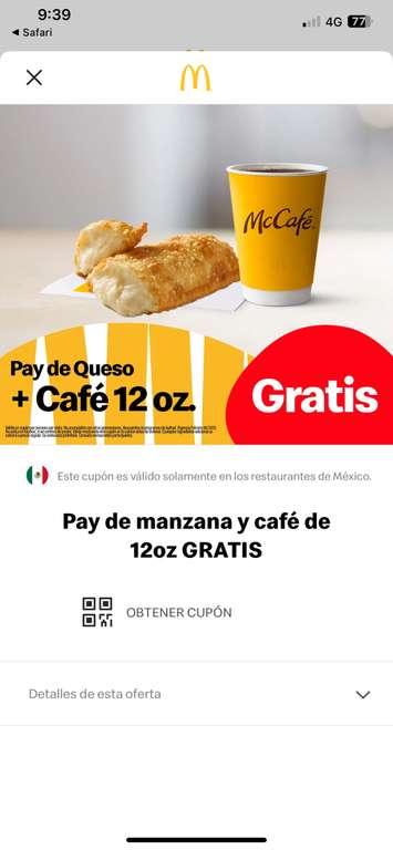 McDonald's: Pay de queso + café 12oz gratis (cupón exclusivo de la app)