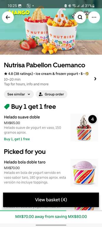 Uber Eats [Members one]: NUTRISA 4 helados por 50 pesitos (2x1 + cupón $80 OFF)
