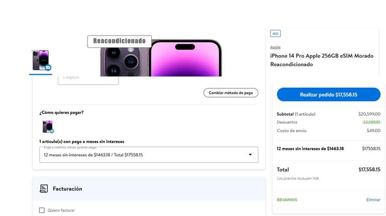 Walmart: iPhone 14 pro 256 GB negro, reacondicionado Esim con BBVA