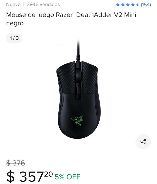 Mercado Libre: Mouse de juego Razer DeathAdder V2 Mini negro
