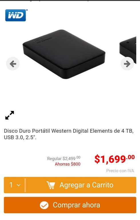 PCEL: Disco Duro Portátil Western Digital Elements de 4 TB, USB 3.0, 2.5"